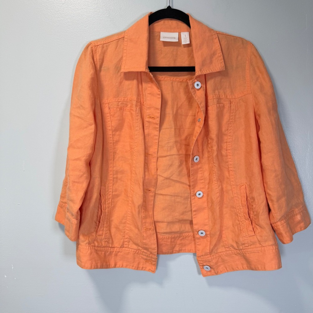 Chico's Orange 100% Linen Button Front Jacket 3/4 Sleeve Size 1 Medium